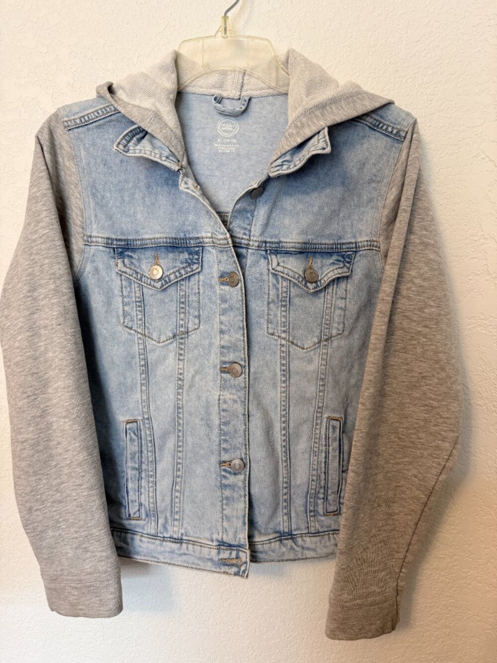 Wonder Nation Mixed Media Hooded Jean Jacket Girls Size 14/16 Streetwear Skater